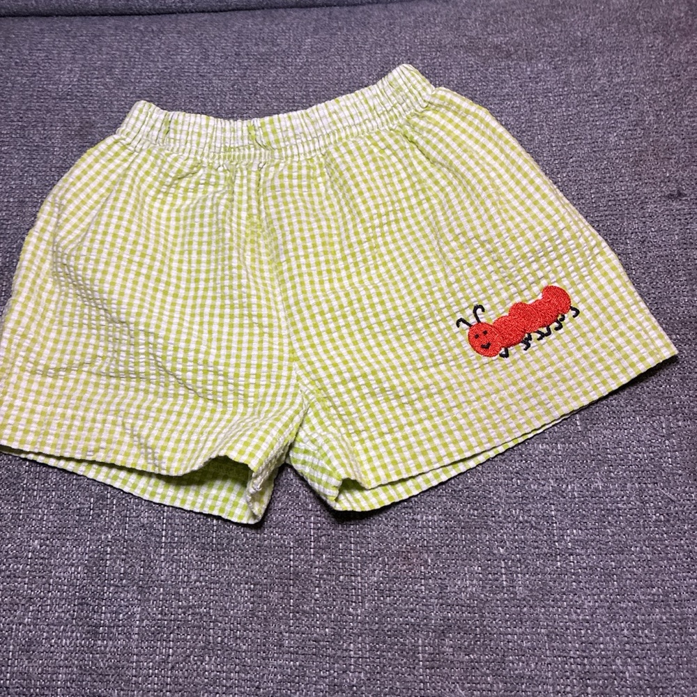 Green Gingham Shorts with Red Caterpillar Embroidery